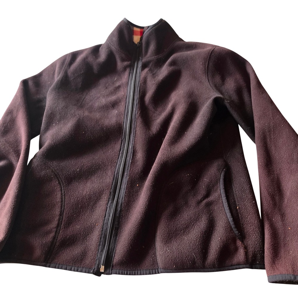 Reversible Fleece Jacket Mens Full Zip Plaid Brown Red Mock Neck Size S - Picture 1 of 7